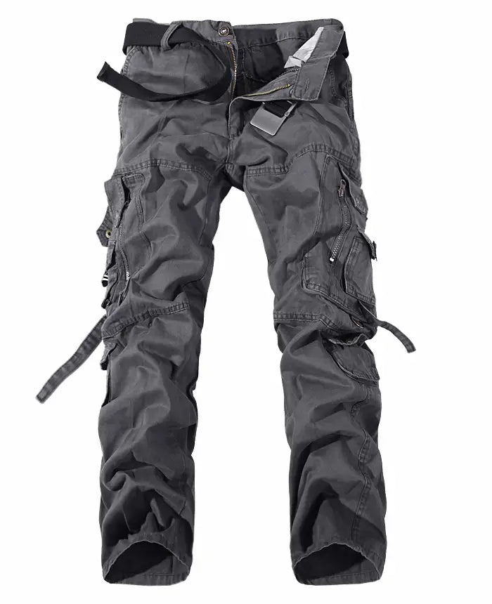 Men multi pocket washed cargo pants in dark gray featuring multiple pockets and a belt looped through the waistband.