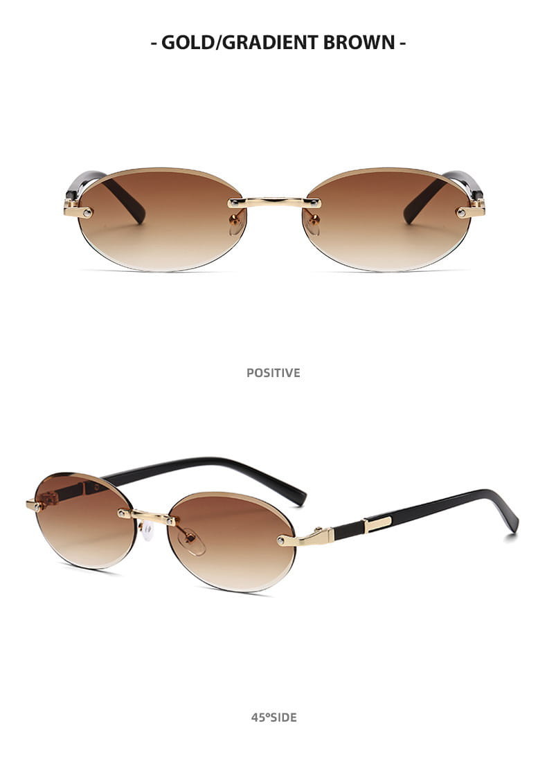 Frameless oval uv400 fashion sunglasses feature gold and gradient brown lenses with a sleek metallic frame and metal accents.