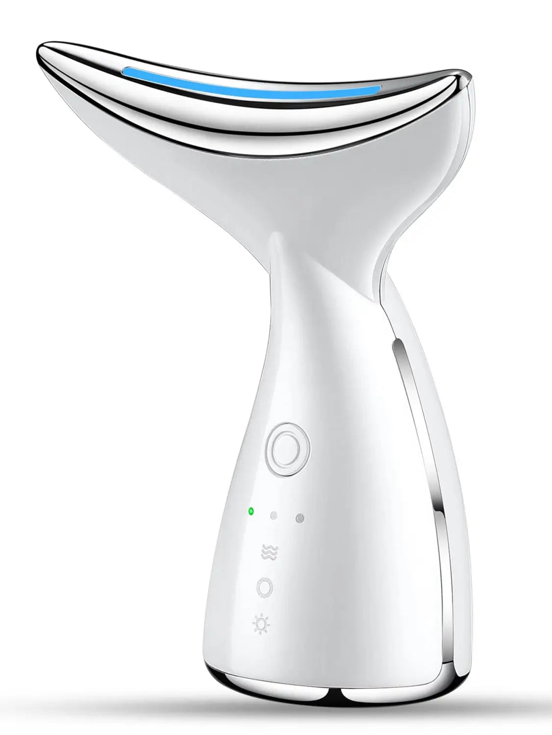 Weißer und silberner LED-Gesichts- und Nackenstraffer mit straffender Massagewirkung, mit elegantem modernem Design und einem blauen LED-Streifen zur Faltenentfernung.