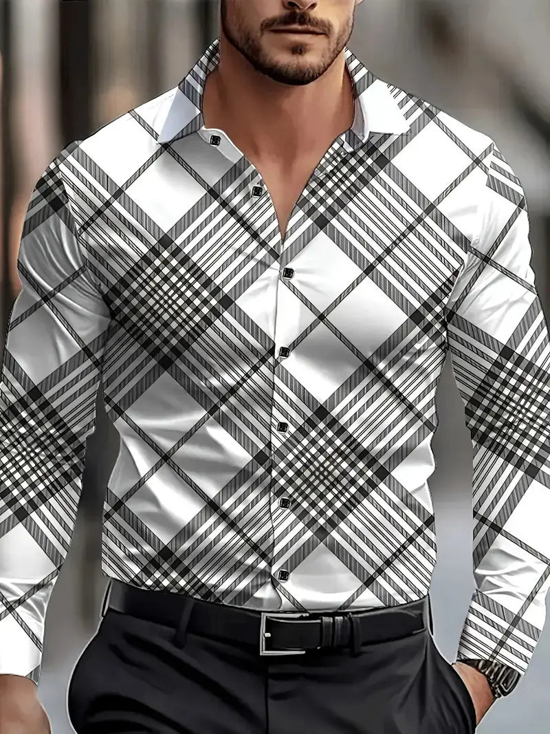 Herren-Hemd im Karolook mit langen Ärmeln im Freizeitstil mit einem klaren weißen Knopfverschluss-Design mit kräftigen schwarzen und grauen diagonalen Karostreifen.