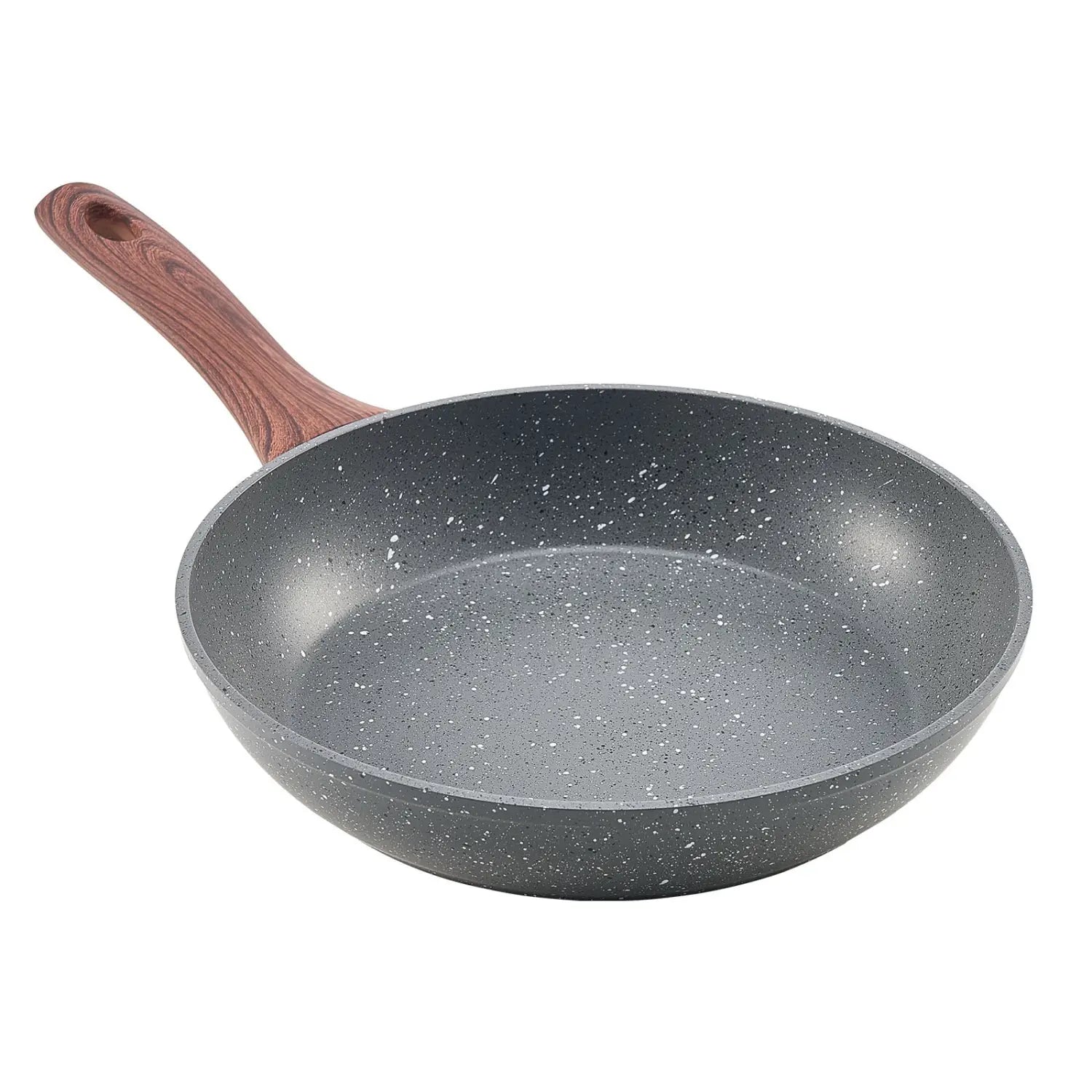 Gray speckled nonstick aluminum frying pan with wooden handle from a 3 piece cookware set.