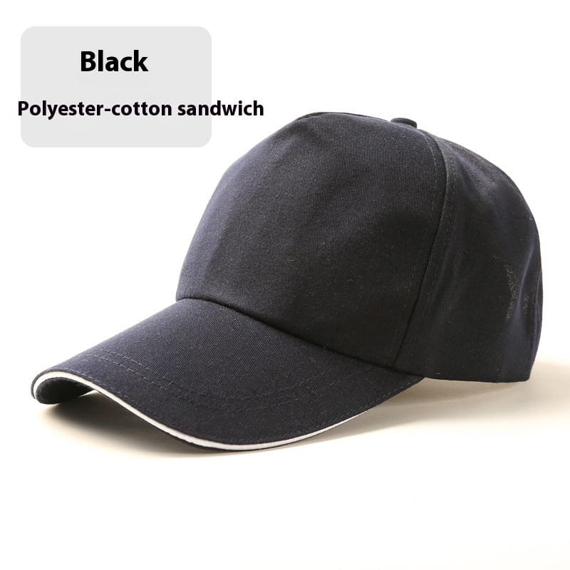 Casquette de baseball unisexe noire en tissu intercalaire polyester-coton avec une bordure blanche le long du bord, pour une protection solaire.