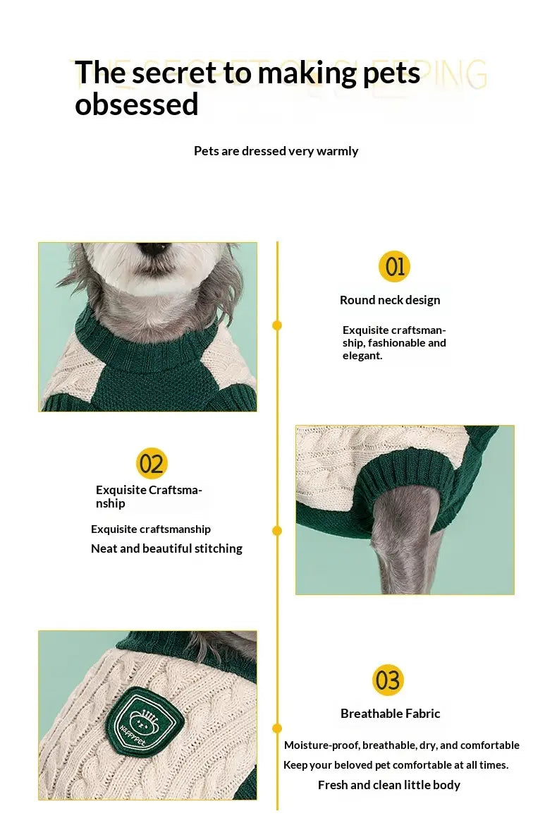 Grüner und cremefarbener Zopfmuster-Hundepullover mit Rundhalsausschnitt, detaillierten Nähten und atmungsaktivem Material, entworfen als warme Schuluniform-Tierbekleidung.