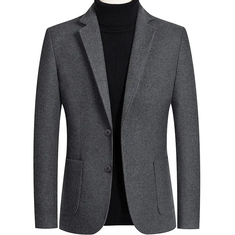 Men’s wool suit blazer slim fit winter jacket in gray textured wool with notched lapels and two front buttons.