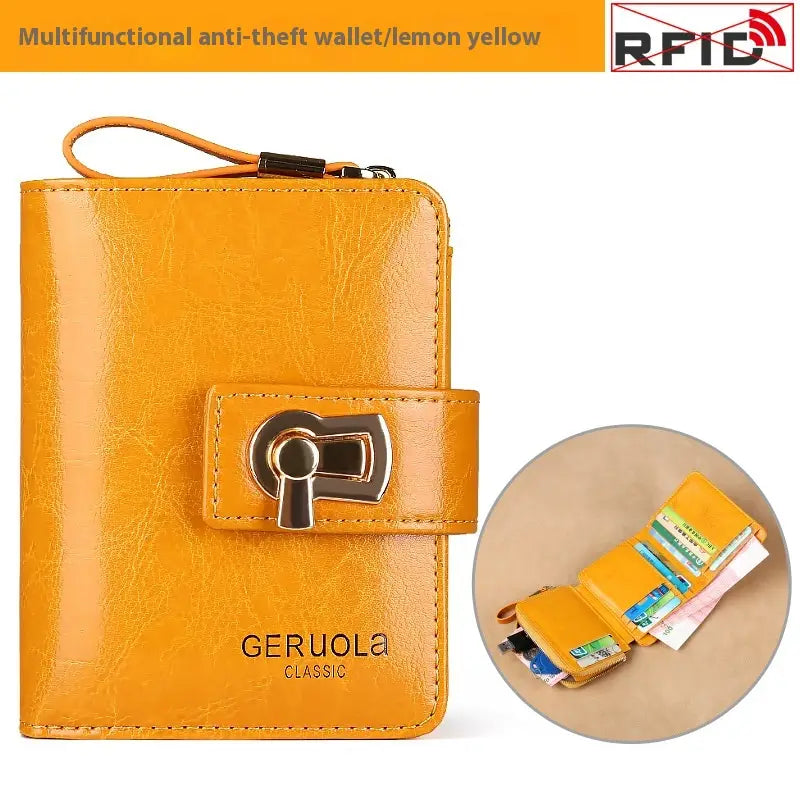 Lemon yellow women’s leather rfid large capacity buckle wallet made of faux leather with a metallic keyhole-style clasp and rfid protection.
