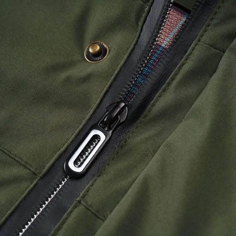 mens outdoor fleece hooded jacket in olive green featuring a zipper with black pull tab and metallic button for casual shell coat use