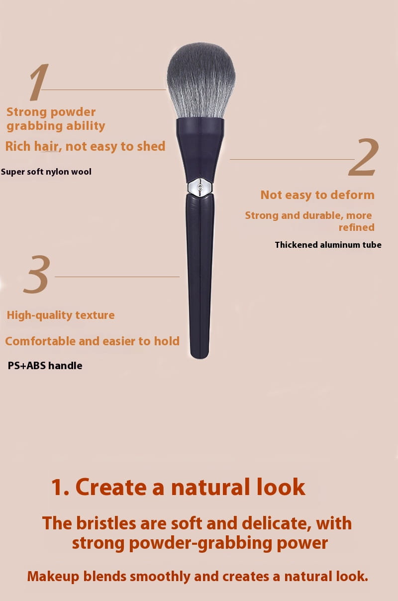 Black makeup brush with thickened aluminum tube handle and super soft nylon wool bristles for face powder application in a makeup brush set soft hair face powder tool.