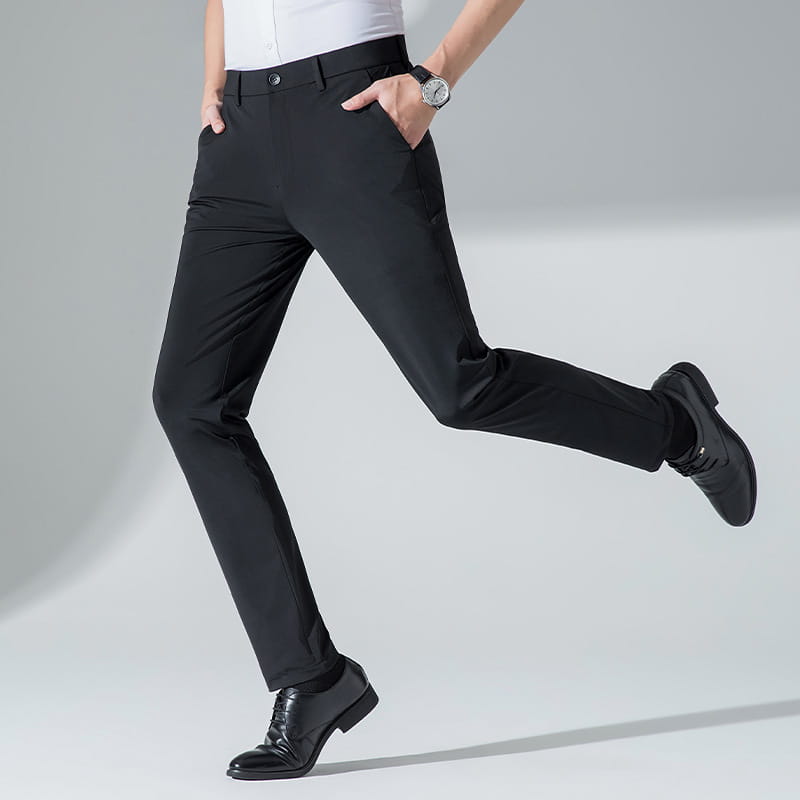 Black men plus size stretch casual pants featuring slim-fit tailored fabric with a smooth texture and subtle crease detail.