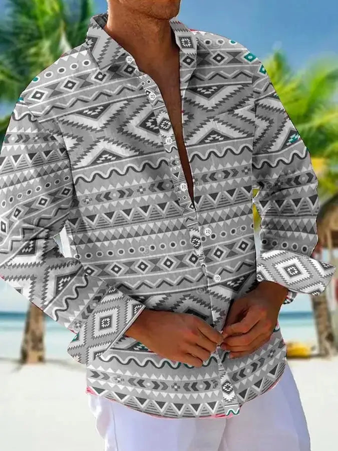 men beige linen shirt with gray and black geometric pattern and subtle teal accents long sleeve button up