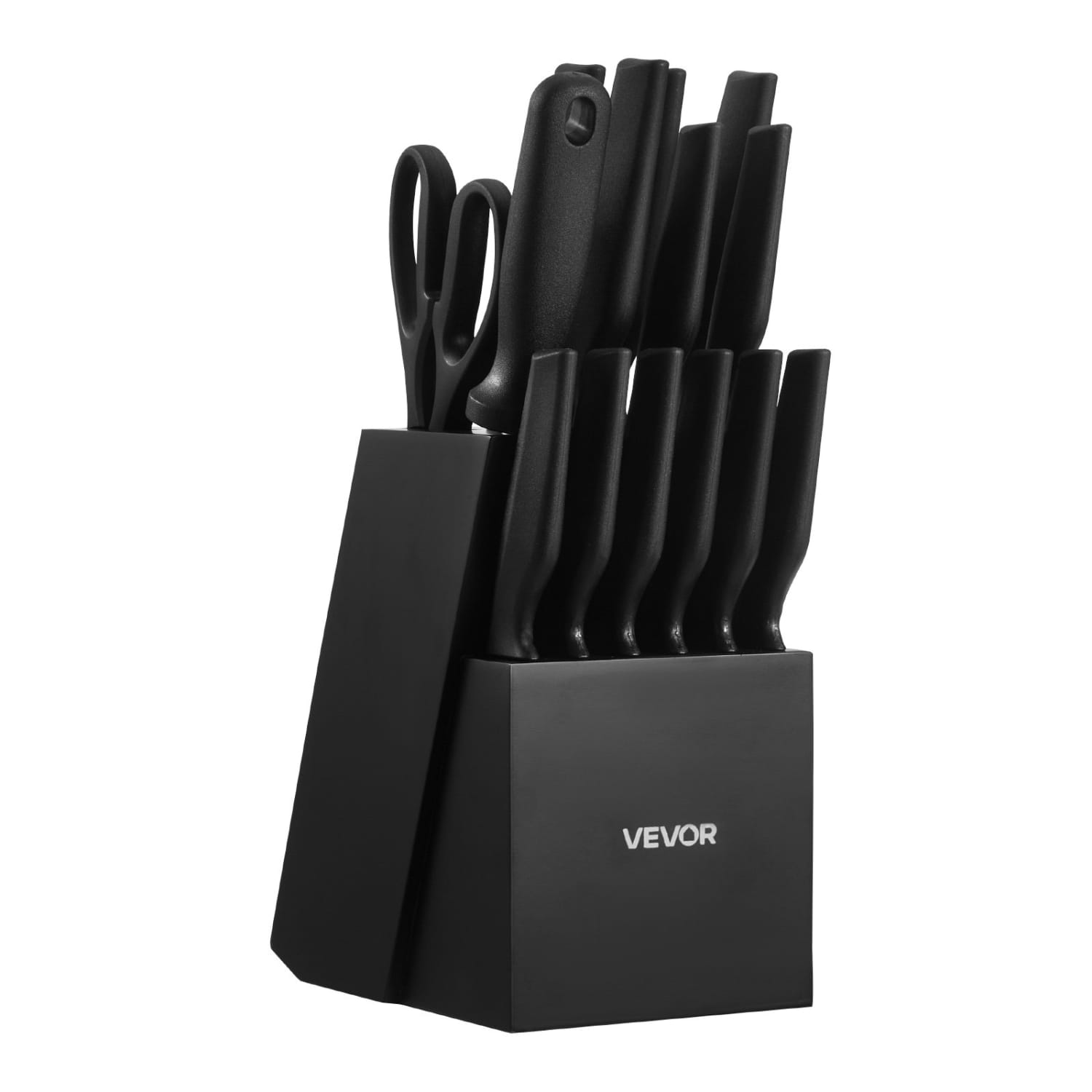 Juego de cuchillos de cocina Black vevor de 15 piezas con hojas de acero alemán, mangos modernos y elegantes y bloque de almacenamiento negro con acabado mate