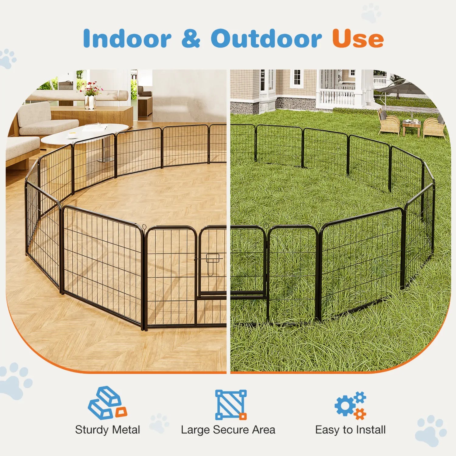 Black metal heavy duty dog playpen with grid design and foldable panels for exercise and containment.