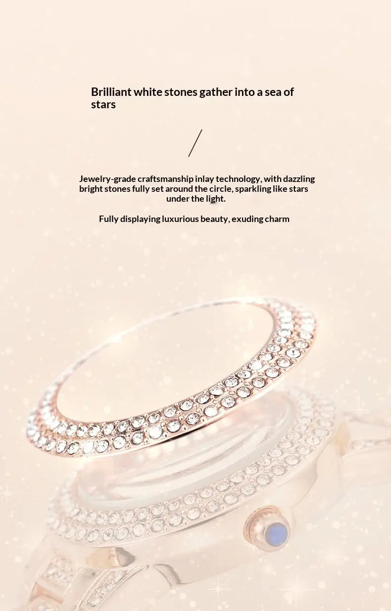 A rose gold zido diamond encrusted women’s quartz watch with a sparkling silver face adorned with brilliant white stones in an intricate circular pattern.