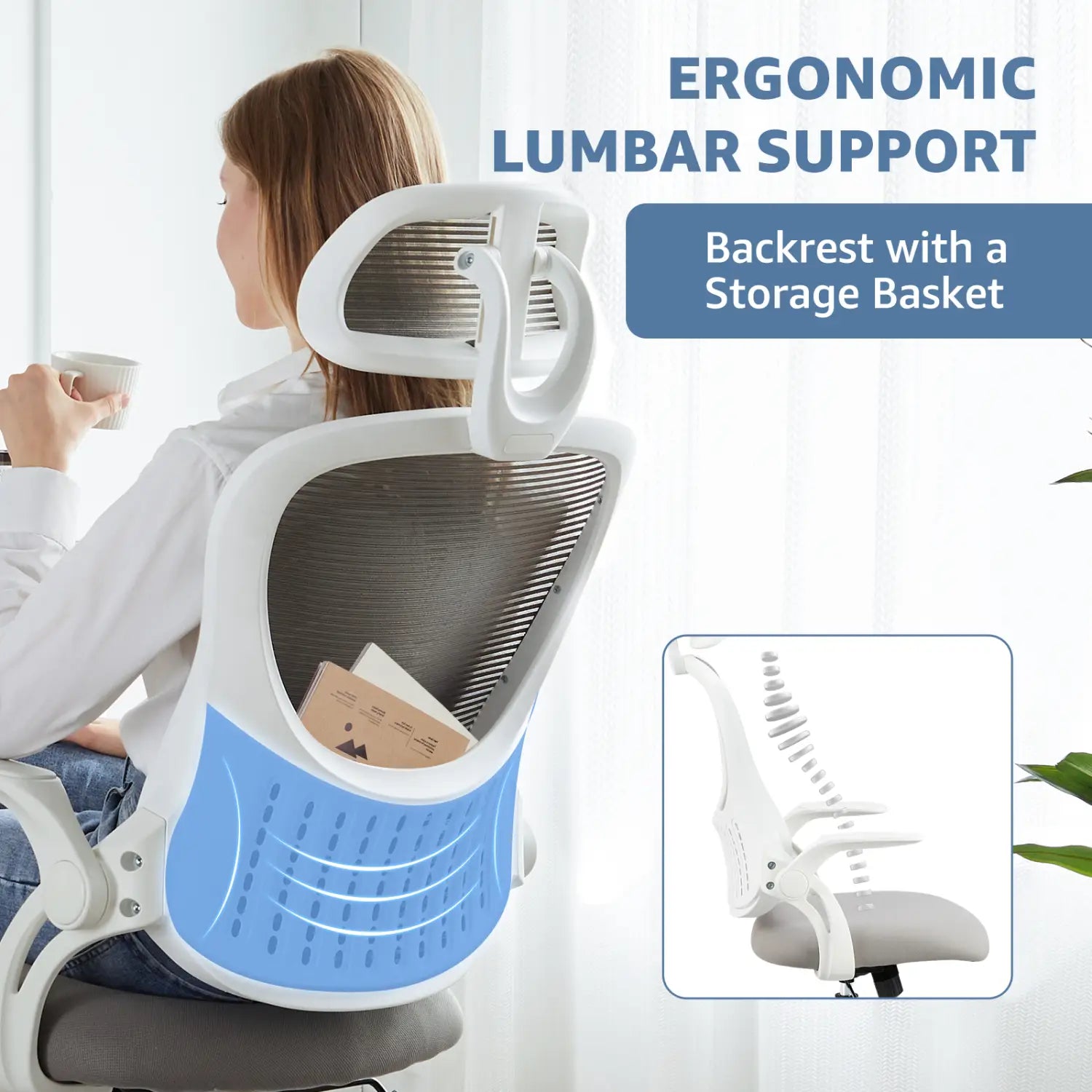 Chaise de bureau ergonomique en maille avec caractéristiques de couleur blanc et bleu : dossier en maille, accoudoirs relevables, support lombaire réglable et panier de rangement.