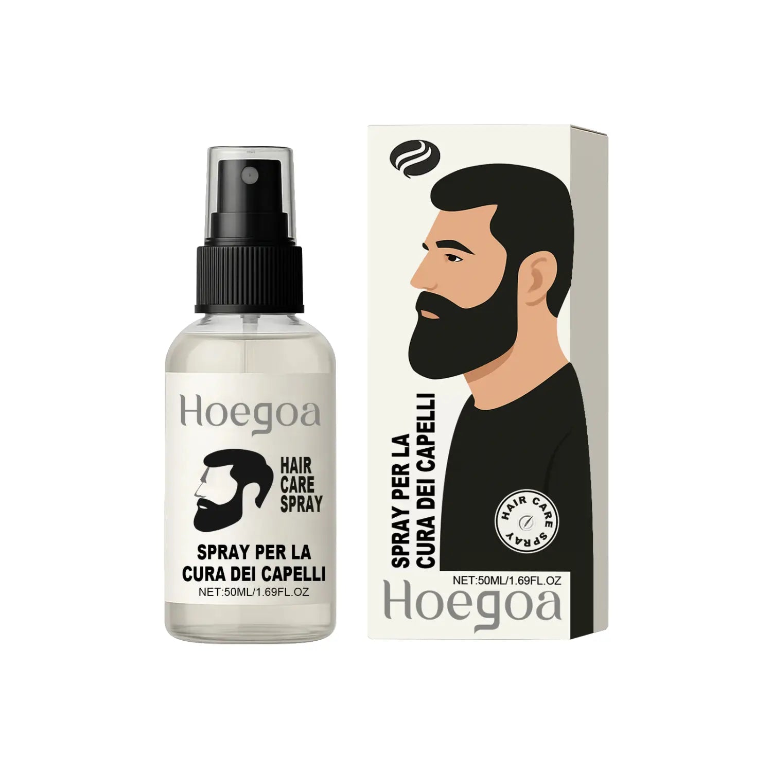 Bouteille en verre transparent avec un embout pulvérisateur noir et une étiquette blanche contenant un spray pour la croissance des cheveux à base de gingembre et de romarin Hoegoa, pour les soins capillaires.