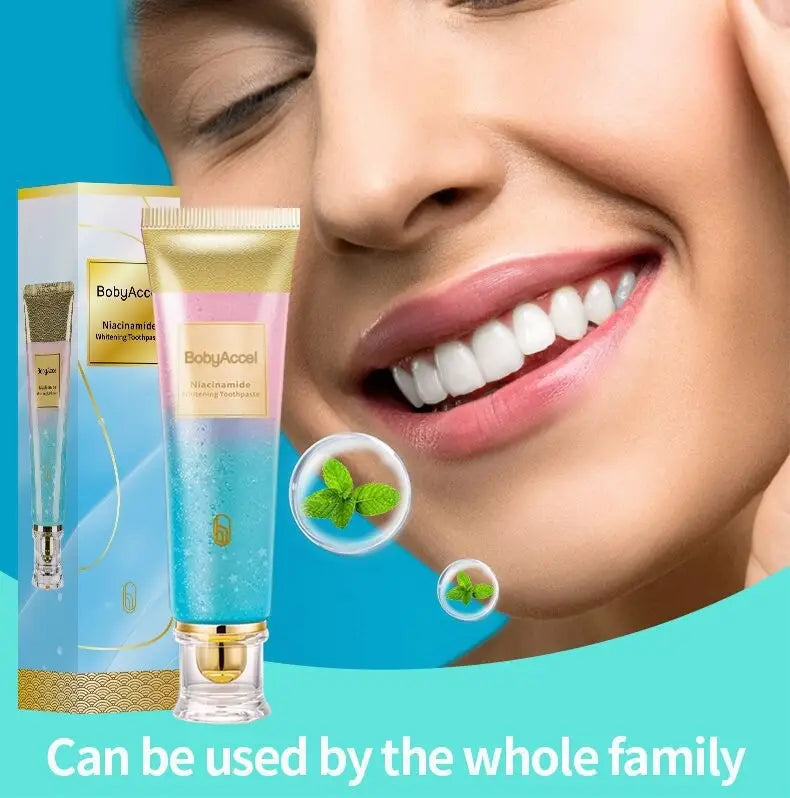 A sleek gradient blue and gold tube of bobyaccel niacinamide whitening toothpaste with a transparent cap for men and women 100g.