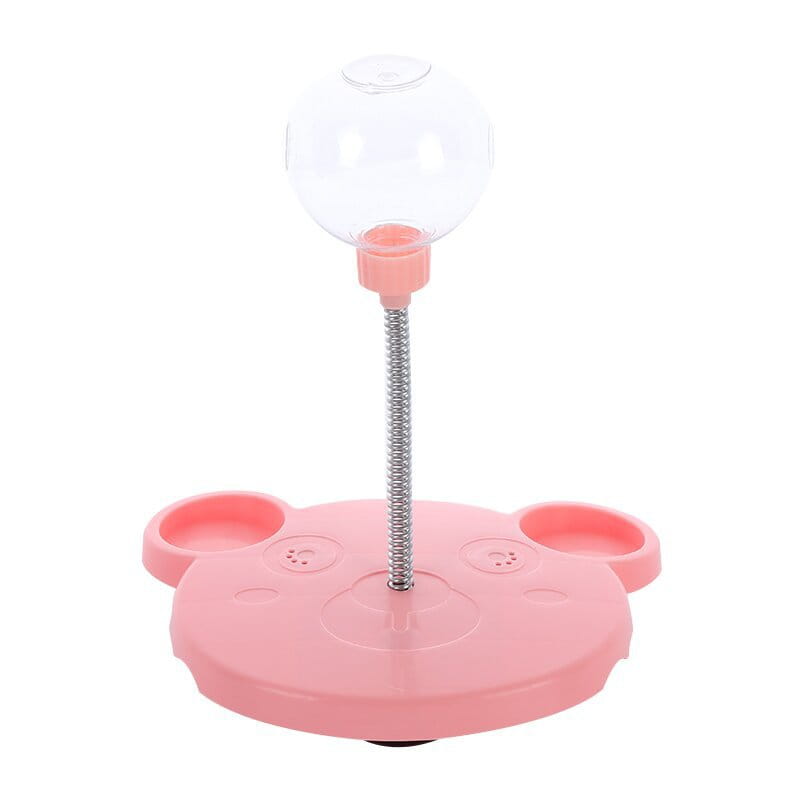 Gobelet distributeur de nourriture pour jouet puzzle en plastique rose en forme de chat et d’ours, avec dôme en verre transparent et tige en métal à ressort réglable pour l’alimentation de l’animal.