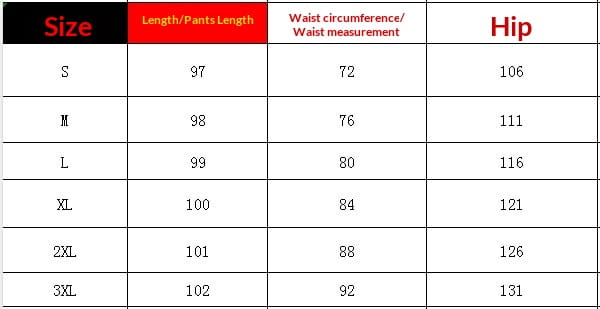 Tableau des tailles pour des shorts de plage décontractés en coton pour hommes, indiquant les mesures du pantalon en pouces, de la taille s à 3xl.