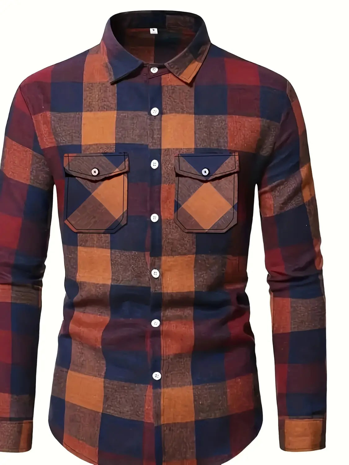 A men’s slim fit plaid flannel button up shirt with long sleeves featuring a bold navy blue rust orange and maroon pattern with matching fabric pockets.