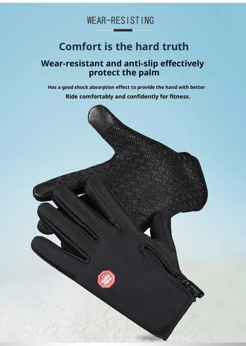 black wear-resistant windproof touchscreen cycling gloves with textured palm and finger grips and zippered wrist closure for thermal outdoor sports