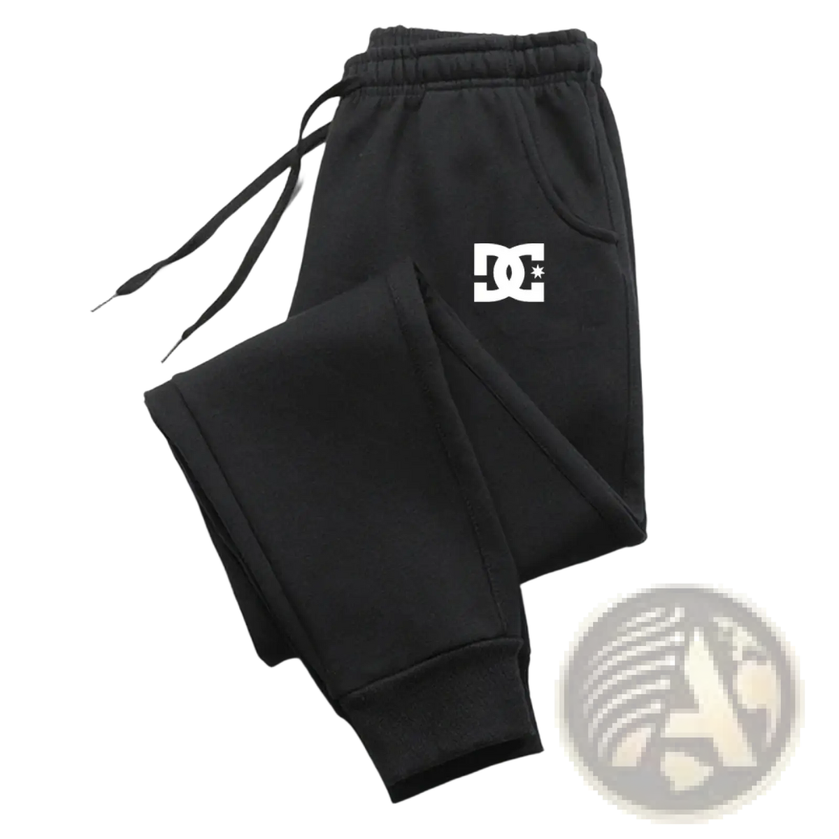 Dc Shoes men’s black joggers casual sweatpants with a white logo on the left thigh for comfortable wear