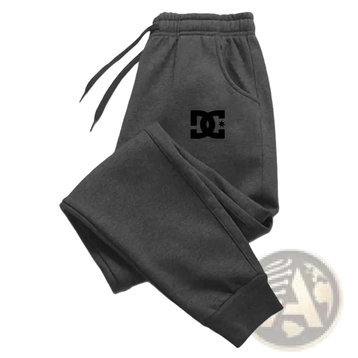Dark gray dc shoes men’s joggers with a black logo on the left thigh casual sweatpants for everyday wear