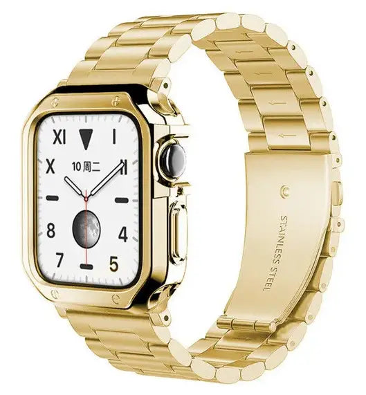 premium stainless steel apple watch band with gold-tone stainless steel and sleek interlocking link design featuring a tpu case