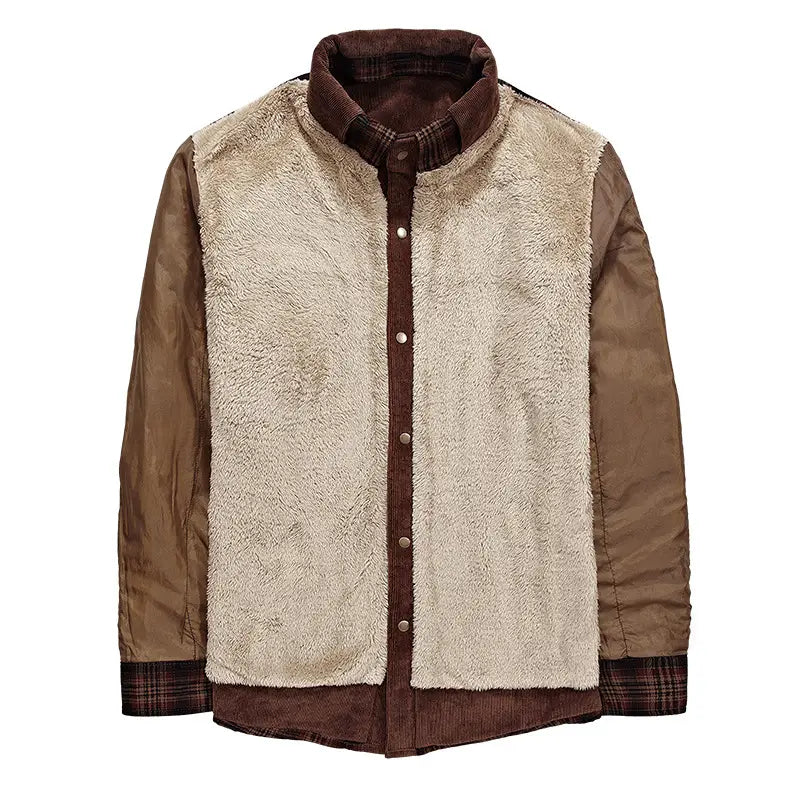 Men’s plaid fleece lined corduroy winter jacket in beige and brown with shearling lining and plaid cuffs.