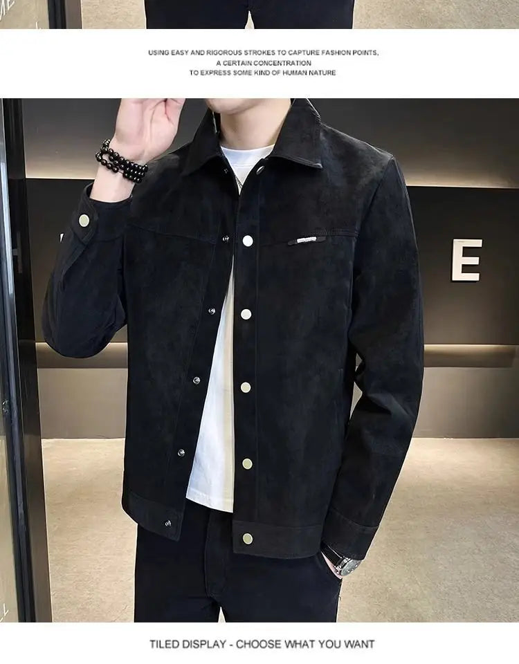 men suede lapel spring jacket in black suede featuring silver buttons and a classic collar