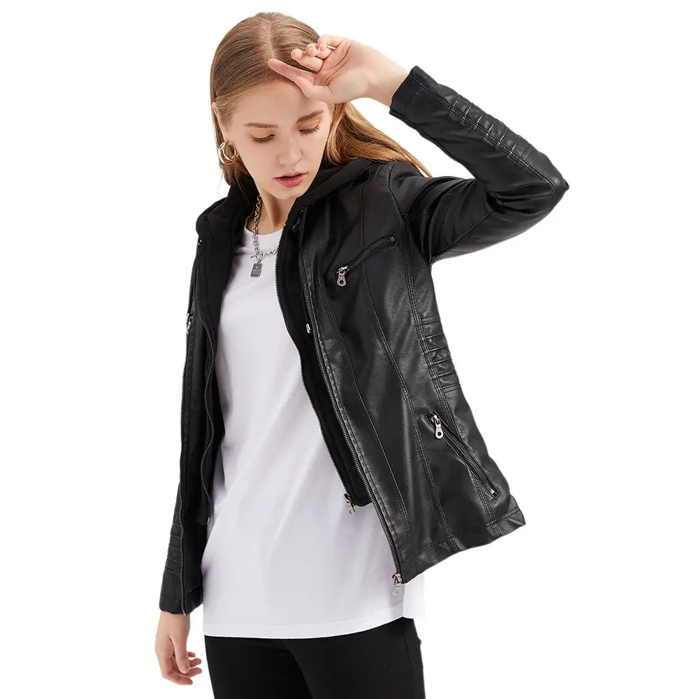Black faux leather hooded moto jacket two-piece detachable slim fit with quilted detailing on the sleeves and silver zippers.