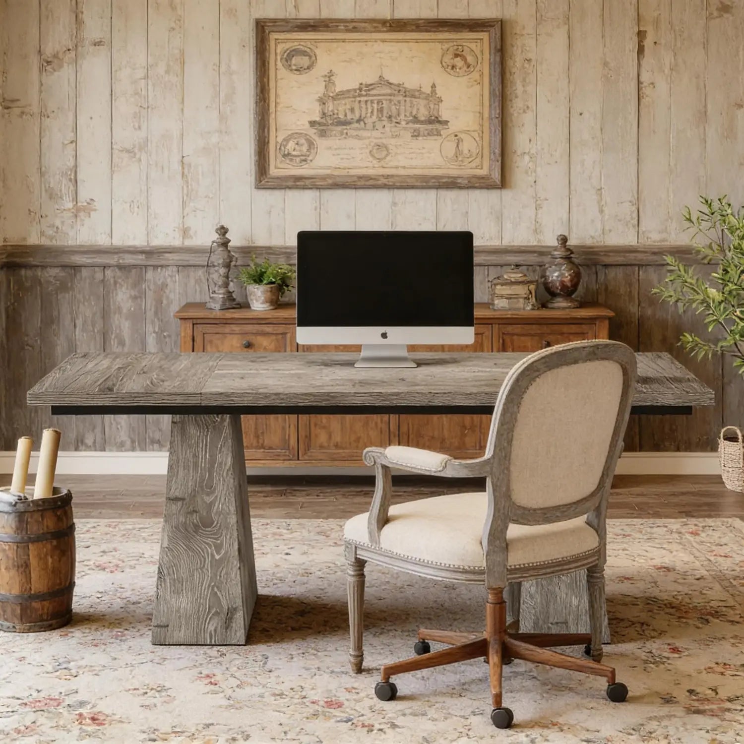 Bureau de direction rustique en bois gris, surface épaisse et texturée et pieds sur colonne robustes, conçu comme un poste de travail informatique de 63 pouces.