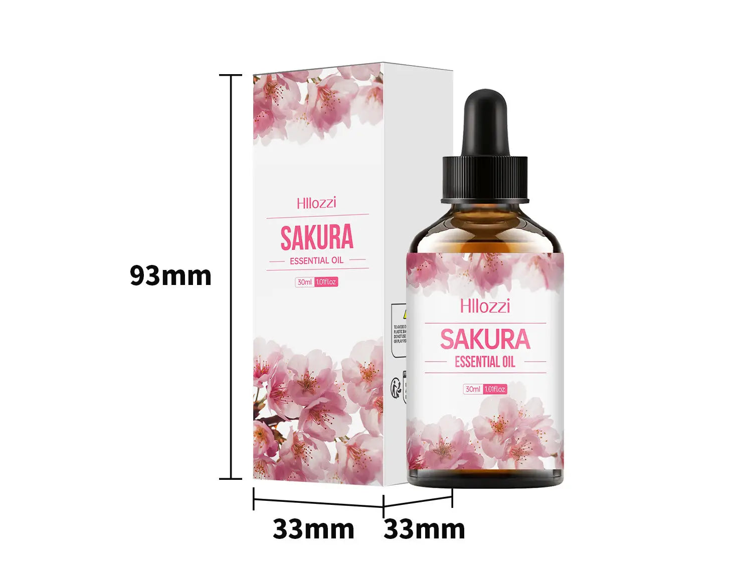 a 50ml amber glass bottle of hillozzi sakura essential oil with a black dropper cap and pink cherry blossom design on its label displayed next to its matching white box for organic myrrh and wintergreen essential oil 30ml