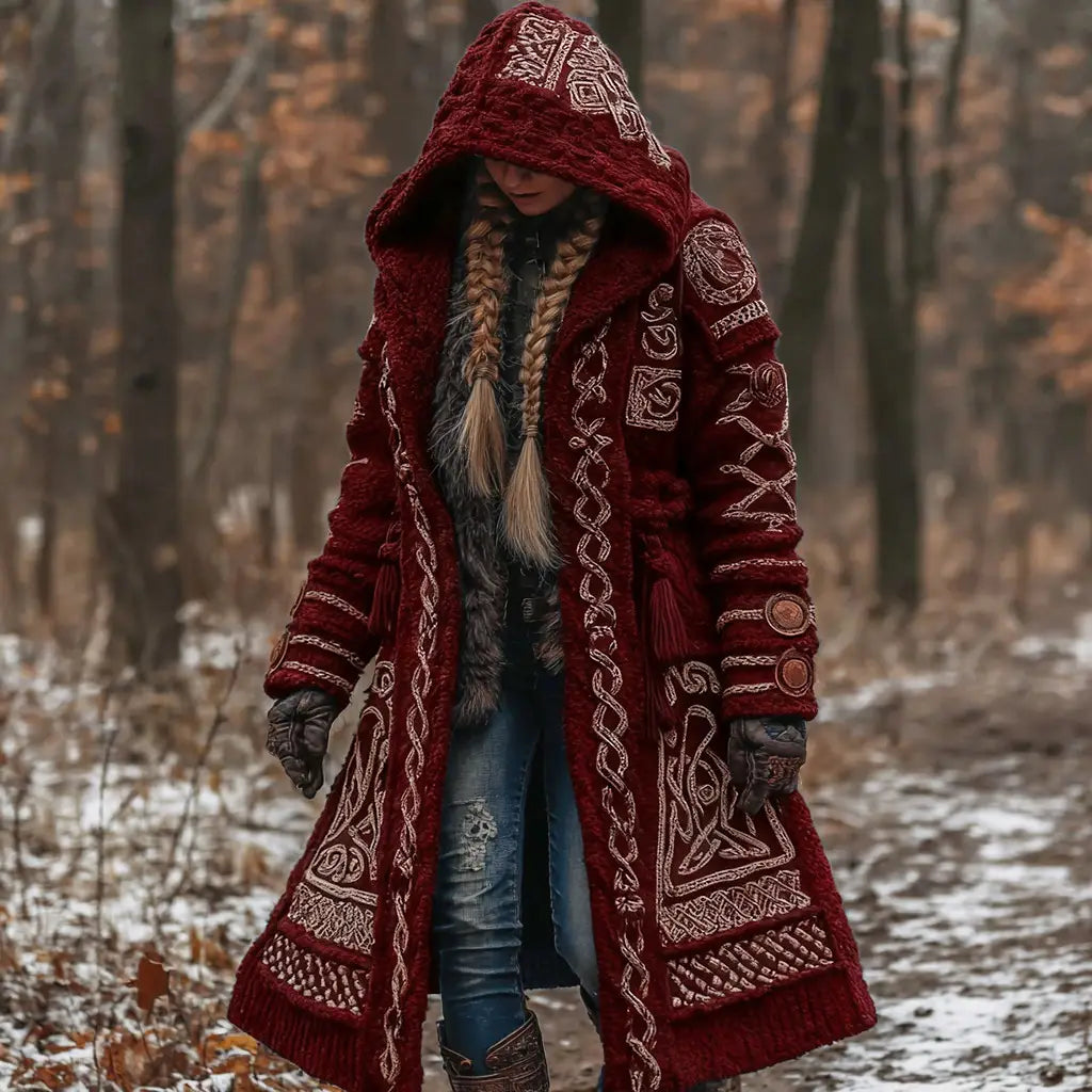 Abrigo con capucha de punto tejido texturizado burdeos intenso, con intrincados patrones de nudos celtas blancos bordados y borlas decorativas, diseñado como ropa de abrigo de invierno holgada y larga con detalles impresos en 3D.