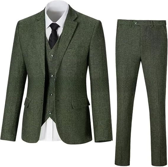 Dark green tweed herringbone wool three-piece slim work suit with a textured woven pattern and classic tailored fit.