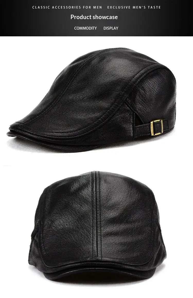 black leather flat cap for men with a gold-toned buckle on the adjustable strap shown from the back, designed as a warm winter hat.