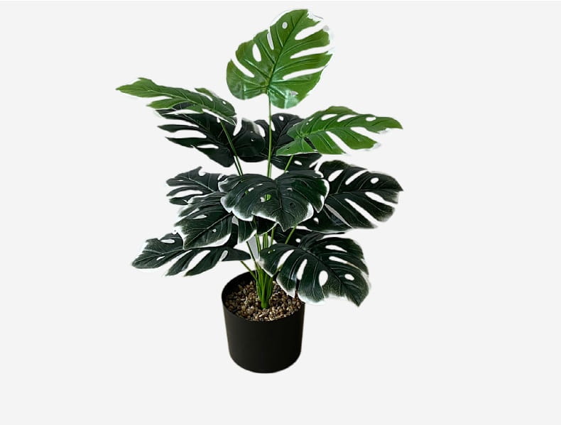 Artificial monstera turtle leaf potted plant garden decor featuring a lush dark green artificial monstera with glossy variegated leaves in a sleek black container.