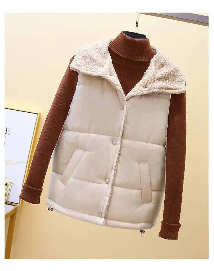 Cream-colored quilted vest with plush beige fleece collar and brown ribbed knit sleeves in a mint green quilted shearling vest for women.
