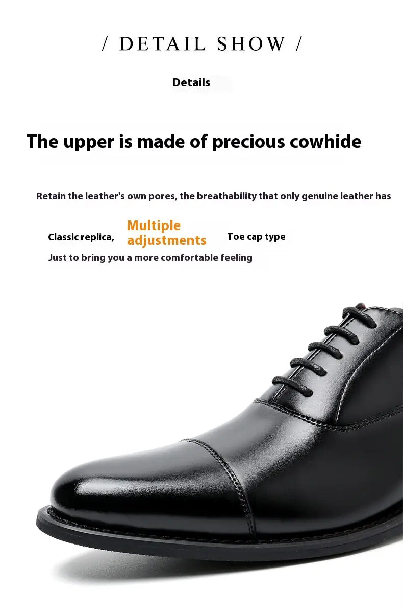 Chaussure Oxford en cuir anglais pour homme avec bout rapporté, en cuir noir lustré, au design classique et doté d’une caractéristique à hauteur augmentée de 6 cm.