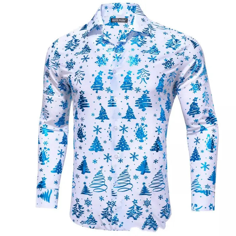 Mens christmas print button up shirt featuring a white base with blue tree and snowflake patterns suitable for festive occasions.