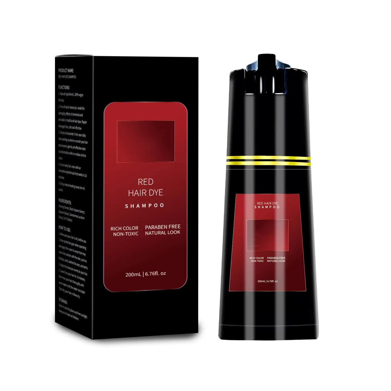 Black bottle of dark brown hair dye shampoo with gold accent bands and matching black box with bold white text featuring a moisturizing formula in a 200ml size.