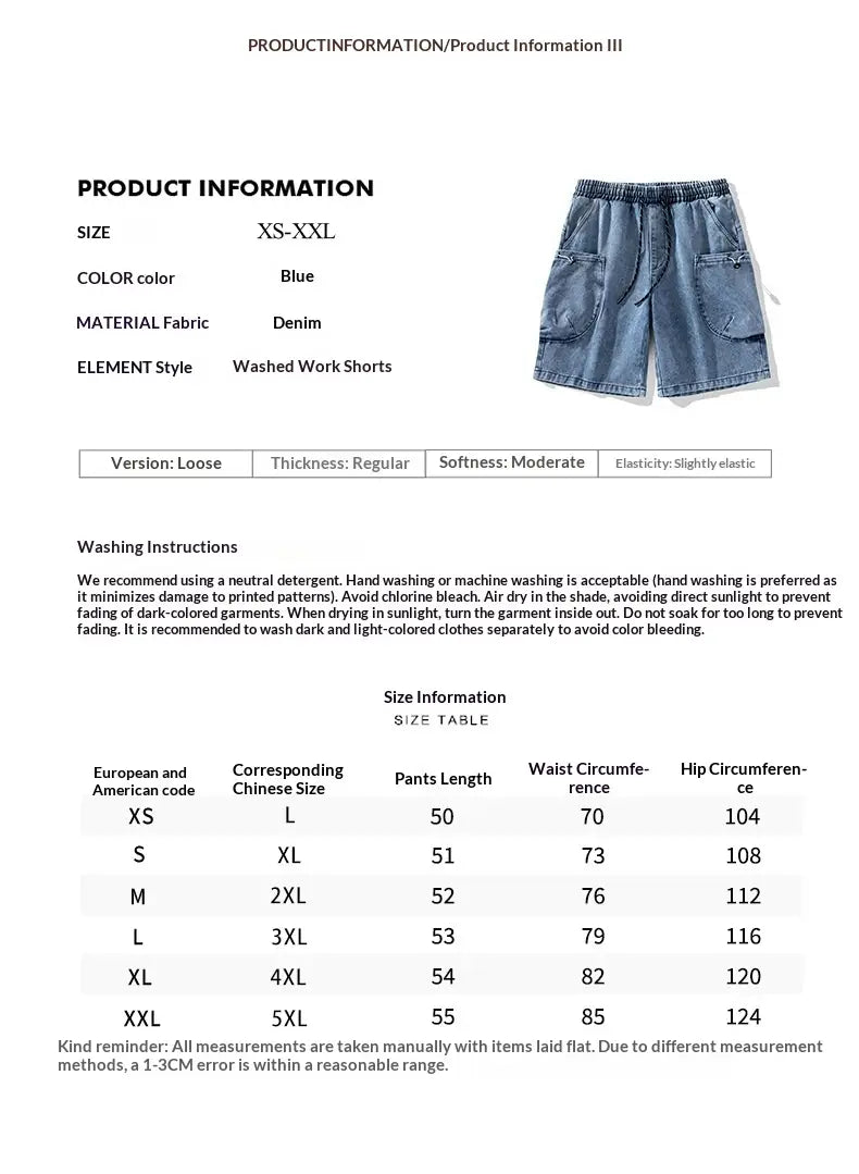 Blue denim light wash cargo shorts with multiple pockets and an elastic waistband designed for streetwear.