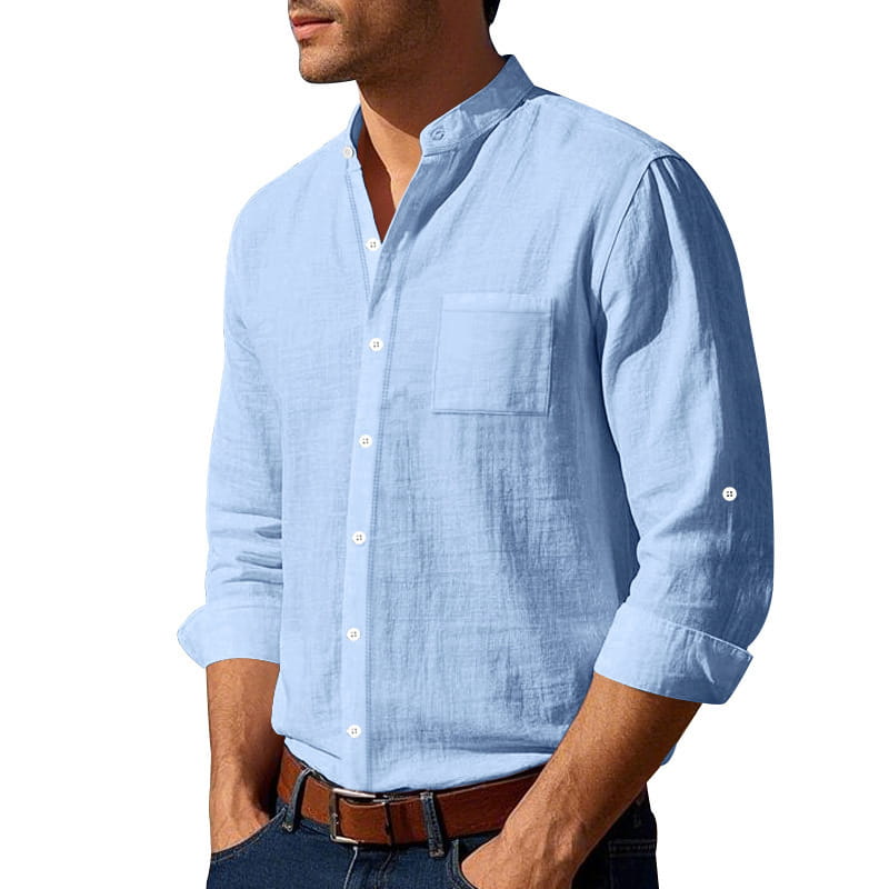 Men’s casual light blue linen button-down shirt with chest pocket and rolled-up sleeves featuring a stand collar and long sleeves.