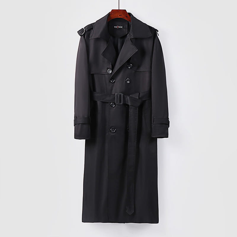 plus size men trench coat in thickened black material with a belted waist, double-breasted front, and epaulets for over-knee coverage