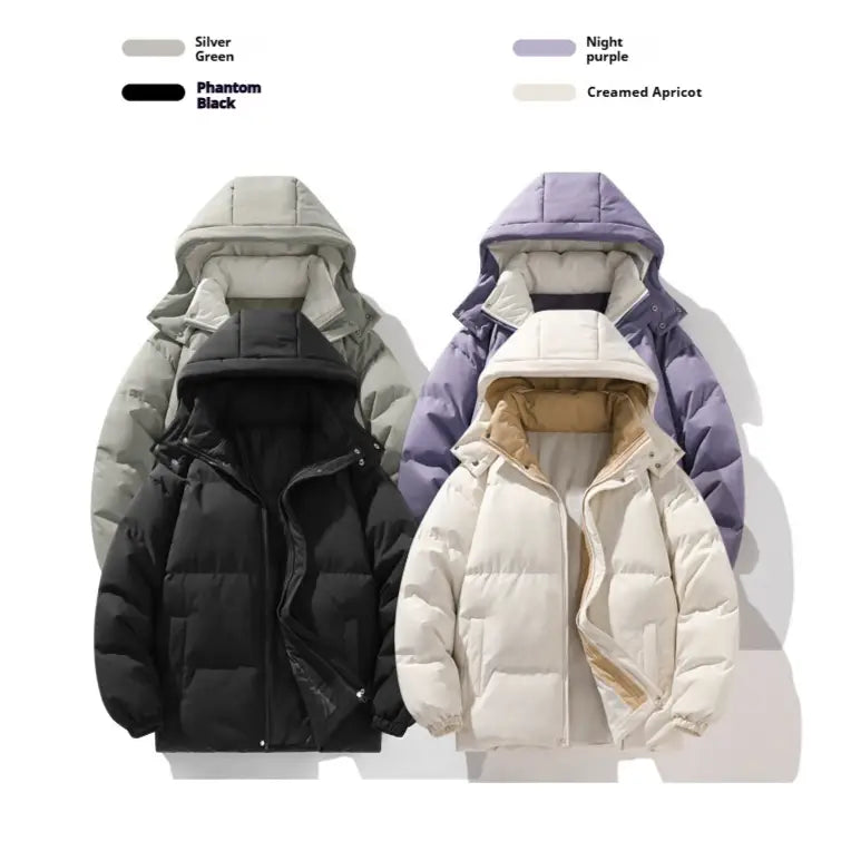 A cozy insulated hooded quilted puffer jacket with front zipper closure designed for outdoor sports.