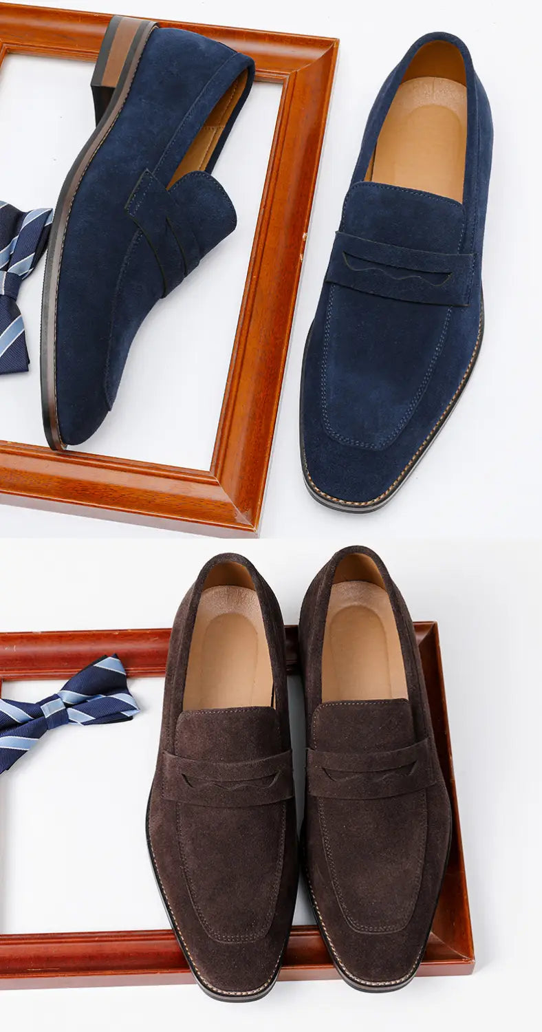 Men’s brown suede penny loafer casual leather shoes featuring a navy blue suede upper with a classic penny loafer design and contrasting tan leather lining.