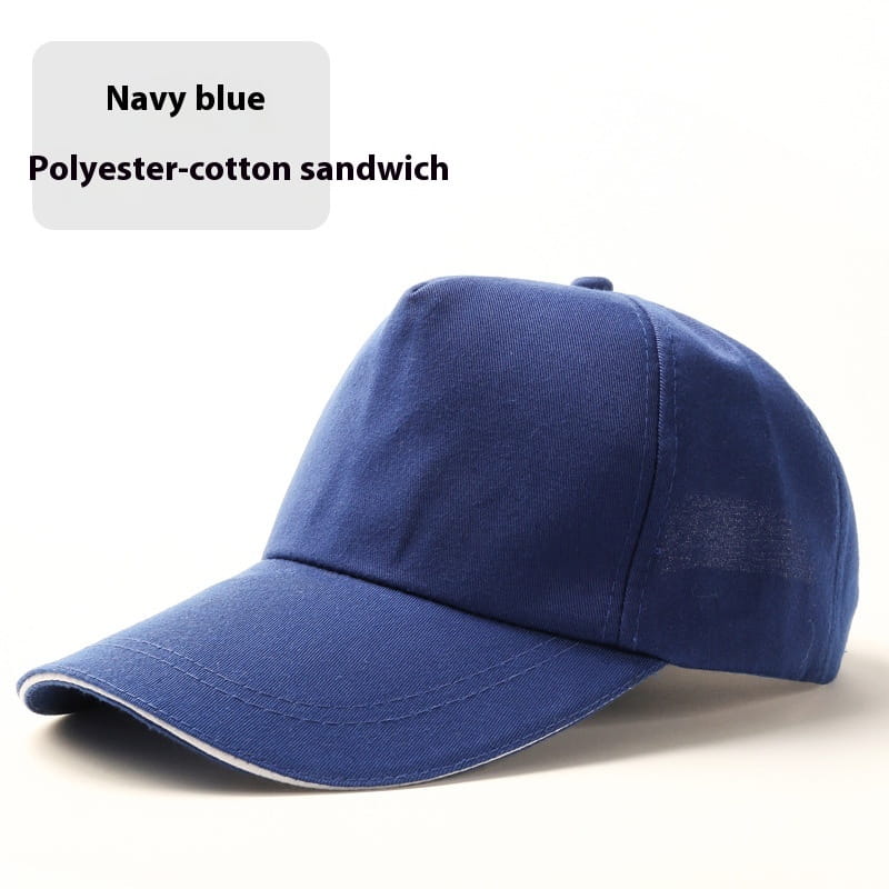Casquette de baseball unisexe bleu marine en tissu intercalaire polyester-coton avec une bordure blanche le long du bord, pour une protection solaire.