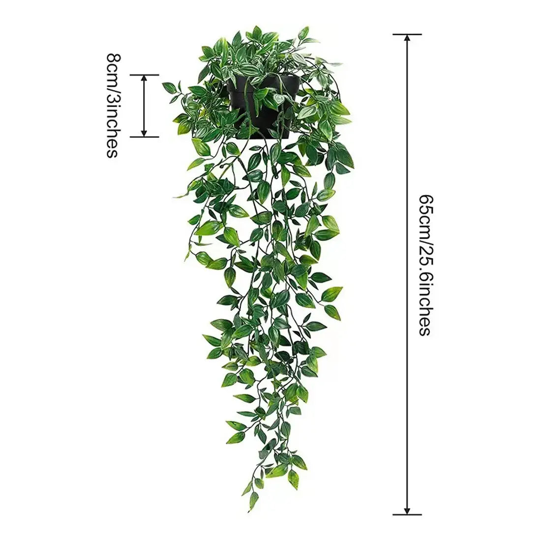 Green artificial hanging plant with cascading leaves in a black pot from the artificial hanging plants 3 pack fake trailing greenery set.