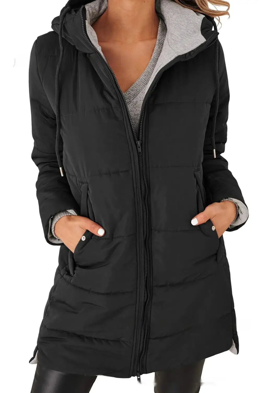 Manteau d’hiver matelassé en coton avec capuche pour femmes, noir, avec capuche doublée de gris, fermeture éclair à l’avant et deux poches latérales.