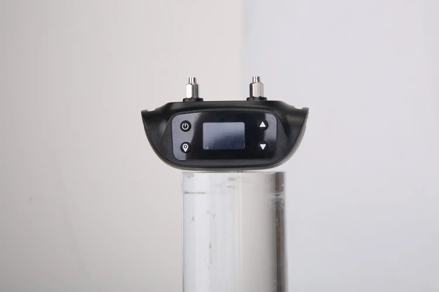 Black waterproof electronic dog collar with a small screen, control buttons, and two metallic attachment points for GPS wireless dog fence and tracker use.