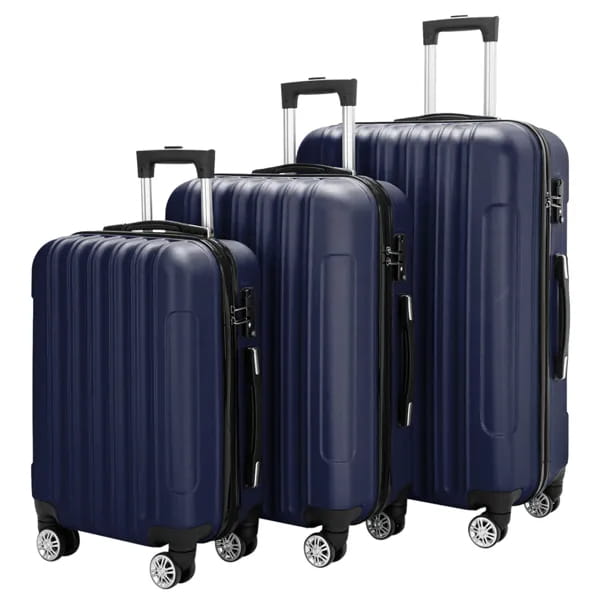 Set of three navy blue hard shell spinner suitcases with black handles and silver wheels for travel.