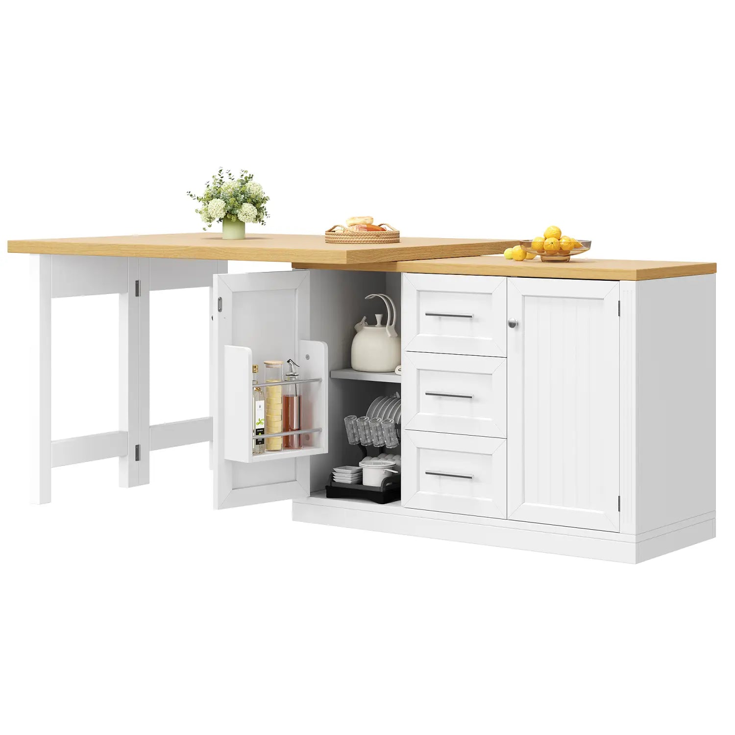Extendable kitchen island dining table in white with a light wood countertop and fold-down table legs designed for storage and dining.